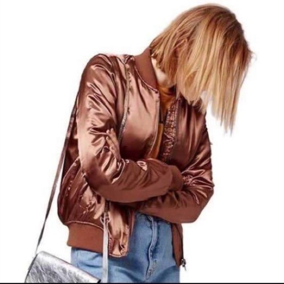 TOPSHOP Rust Rose Gold Satin Bomber Jacket - Picture 2 of 7